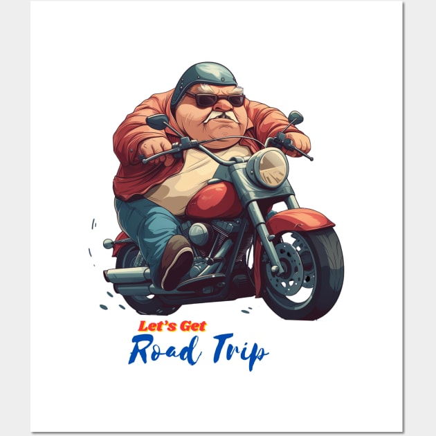 A fat man drives a motorcycle with fun. Wall Art by ToonStickerShop